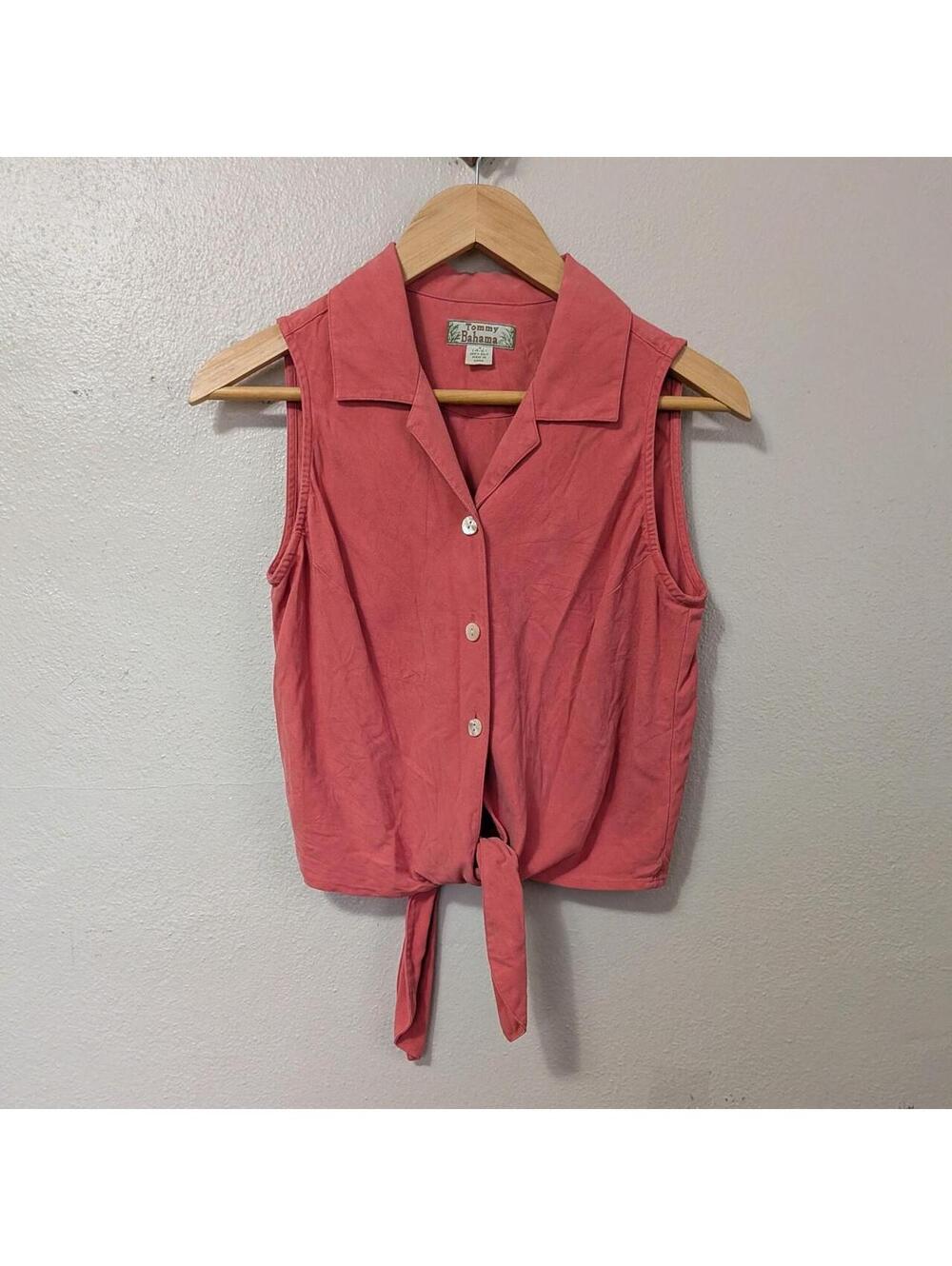 Vintage 90s Y2K Coral Silk Tie Front Top Sleeveless Cropped Camp Collar Small